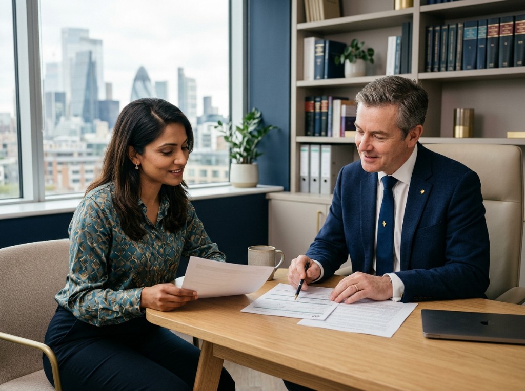 All Family Matters consultation — advisors reviewing documents together in a modern office